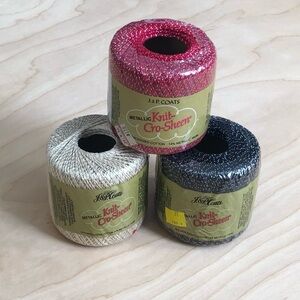 J&P Coats Metallic Knit-Cro-Sheen Thread Set of 3 black red Beige.